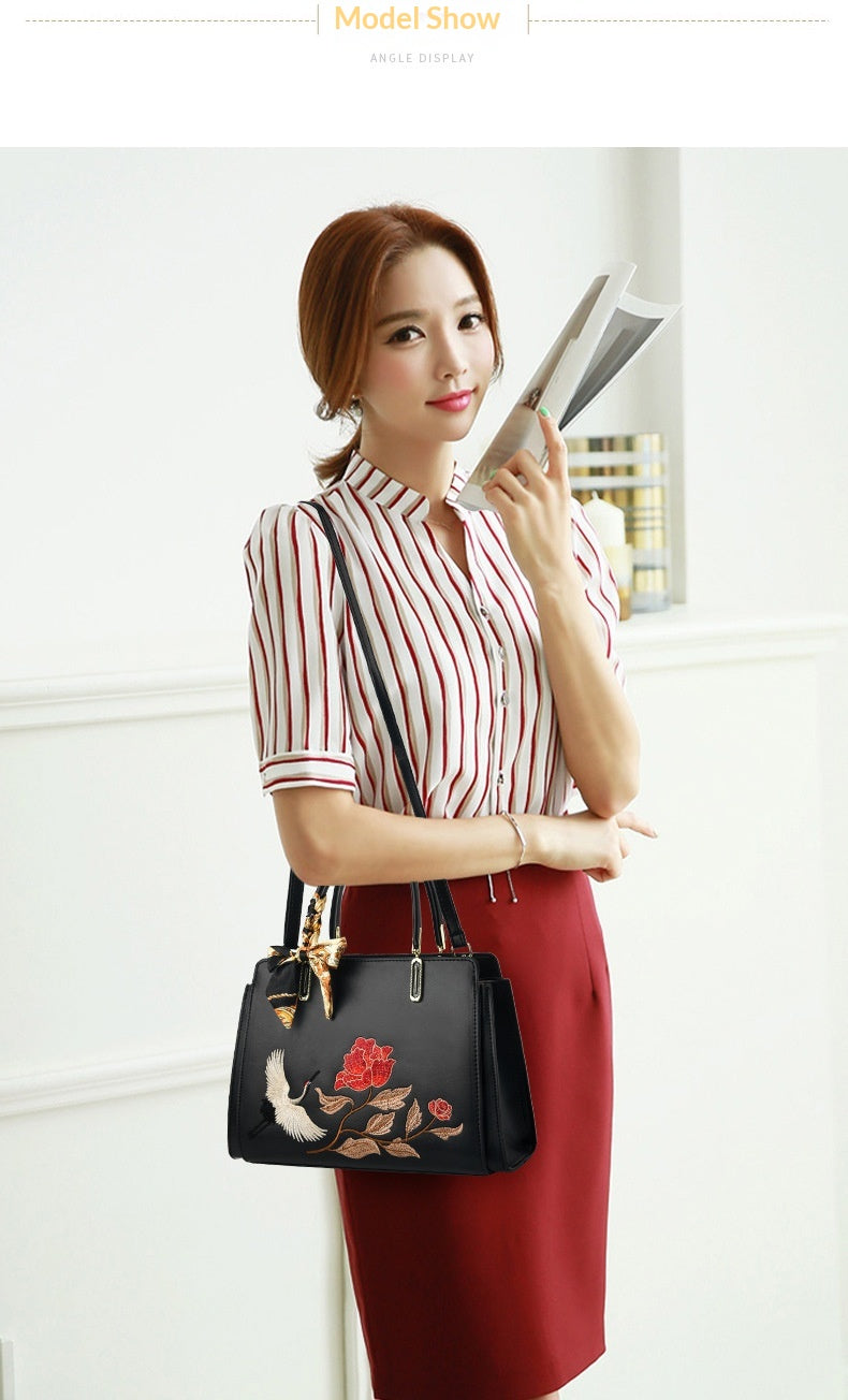 Womens New Chinese-Style National-Flair Embroidered Crane Fashion Crossbody Tote Bag