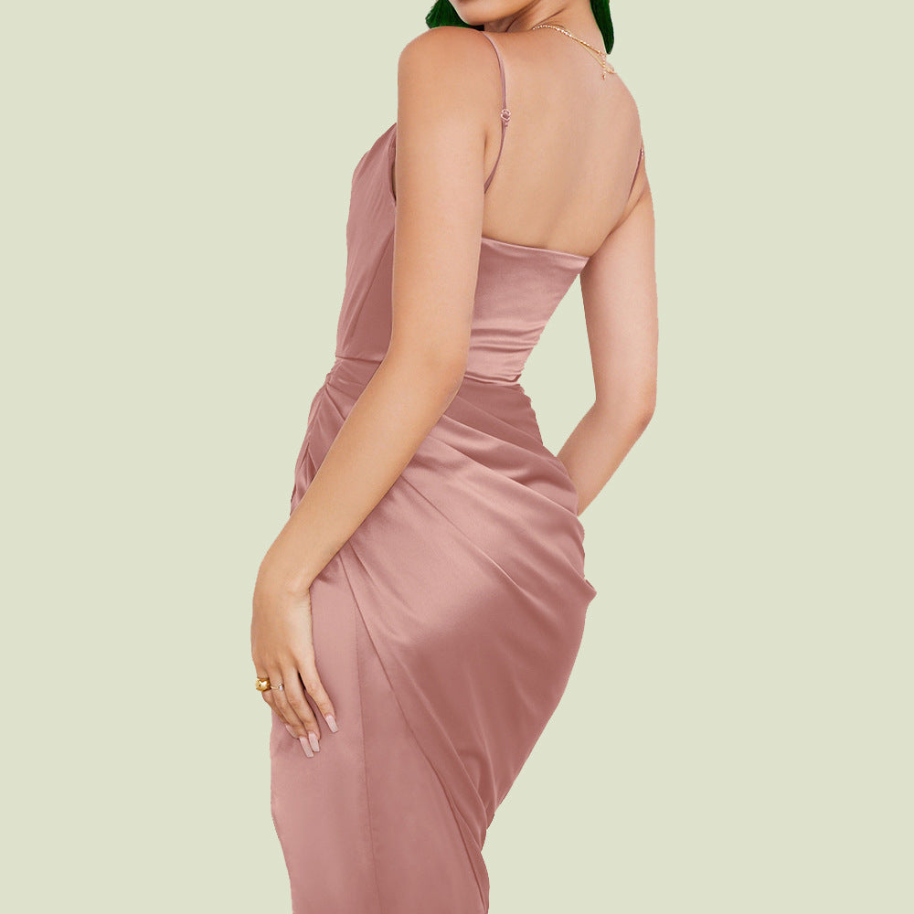 Sexy Slit Satin European And American Slim Sleeveless Split Skirt Dress