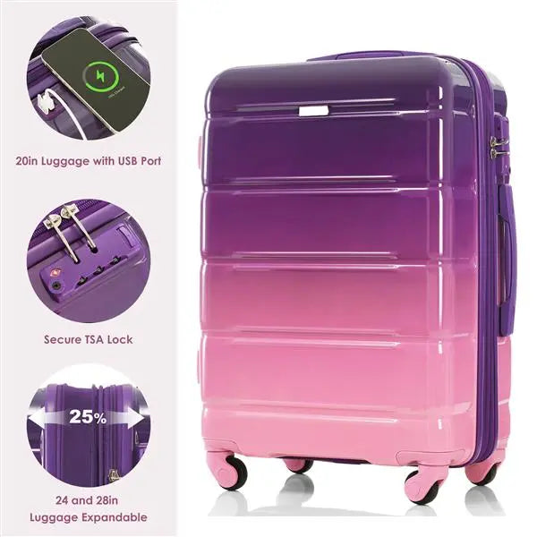 Luggage Set Of 3, 20-inch With USB Port, Airline Certified Carry-on Luggage With Cup Holder, ABS,PC Hard Shell Luggage With Spinner Wheels, Purple And Pink- FREE USA SHIPPING