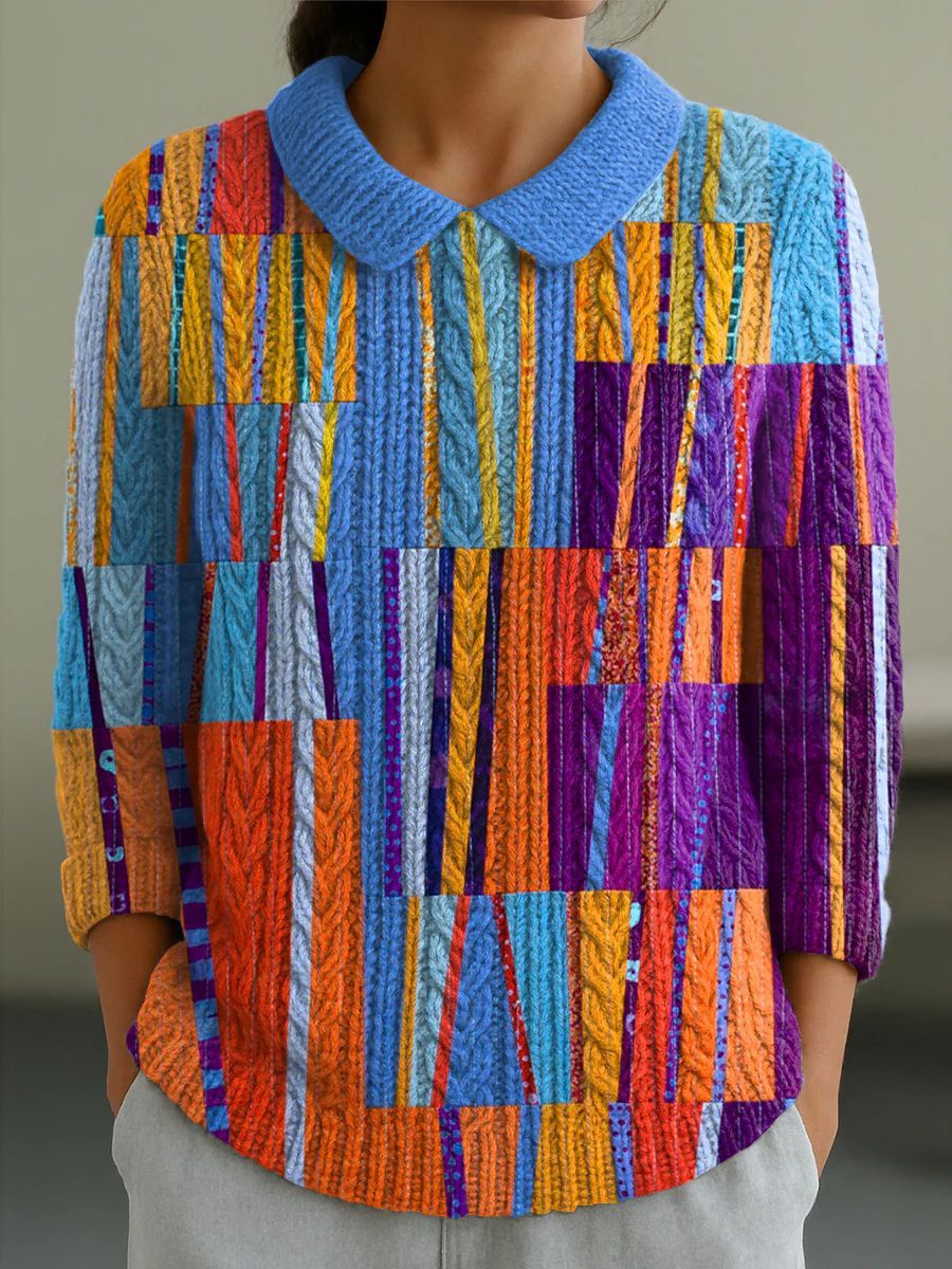 Autumn And Winter New Women's Doll Collar Knitted Jacquard Fabric French Retro Printed Top