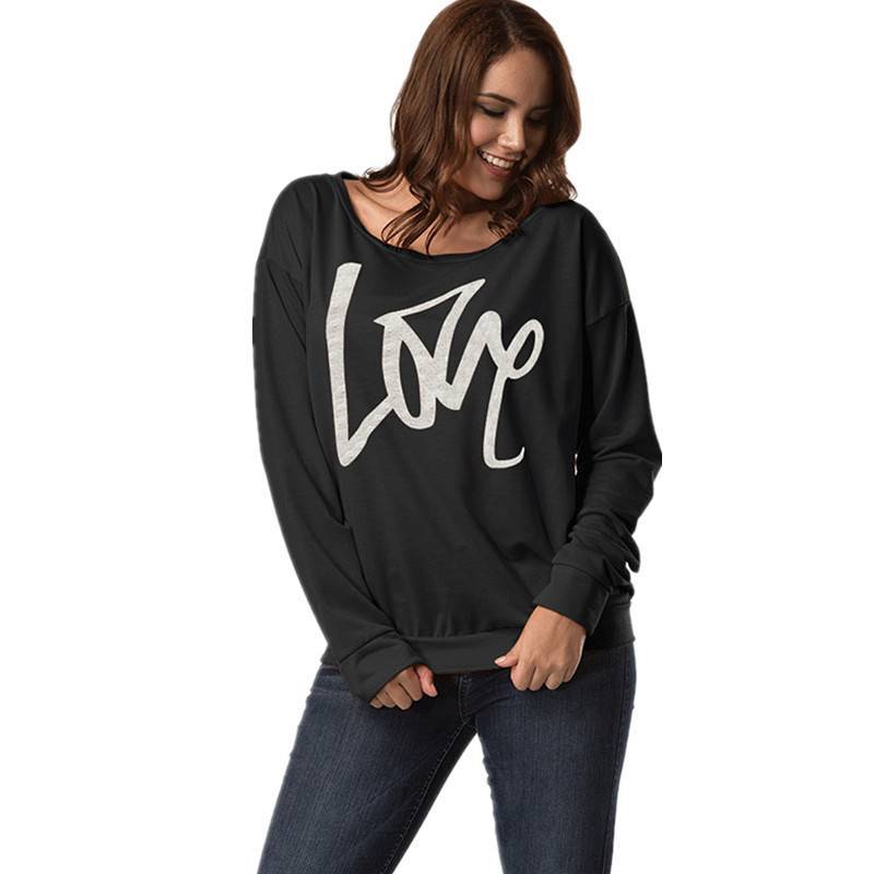 Autumn Women's Letter Love Print Sexy Leaky Off Shoulder Long Sleeve  Purple Green Yellow Tees Sweat Shirt Tops