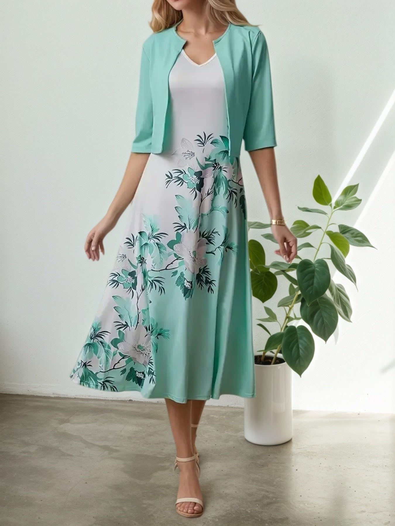 New Women's Round Neck Printed Dress Set
