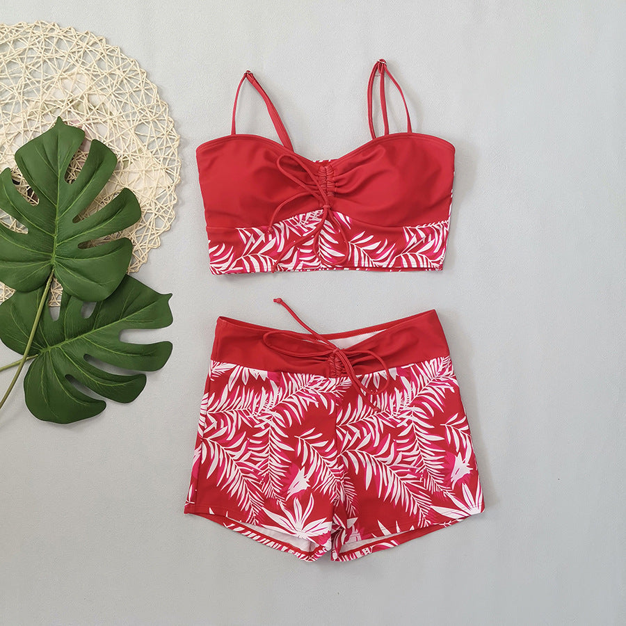 Women's Split High Waist Boxer Lace Printing Swimsuit