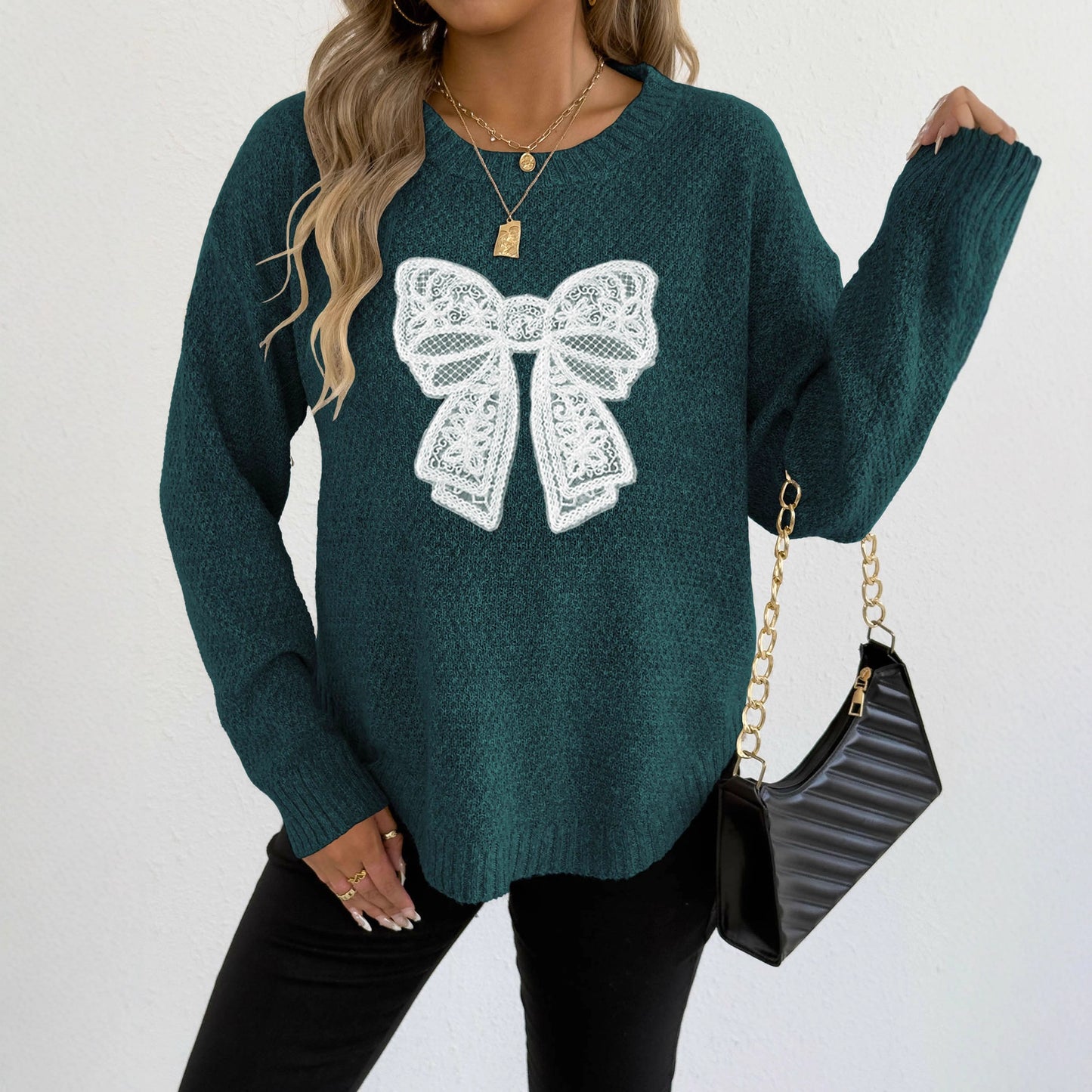 Women's Round Neck Embroidered Lace Butterfly Stitching Woven Sweater