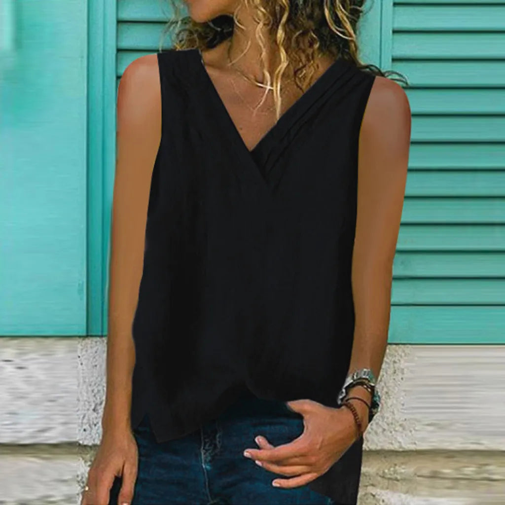 Split Sleeveless Cotton And Linen Multi-layer Collar T-shirt
