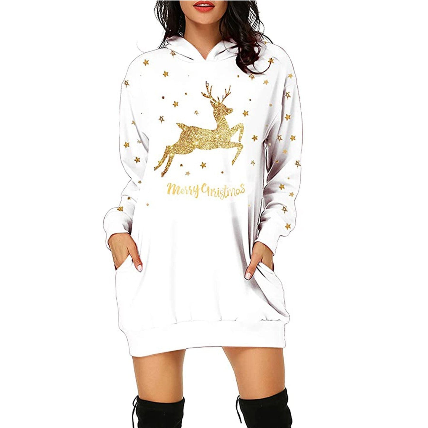 Christmas hot sale printed mid length pocket hooded long sleeved sweater