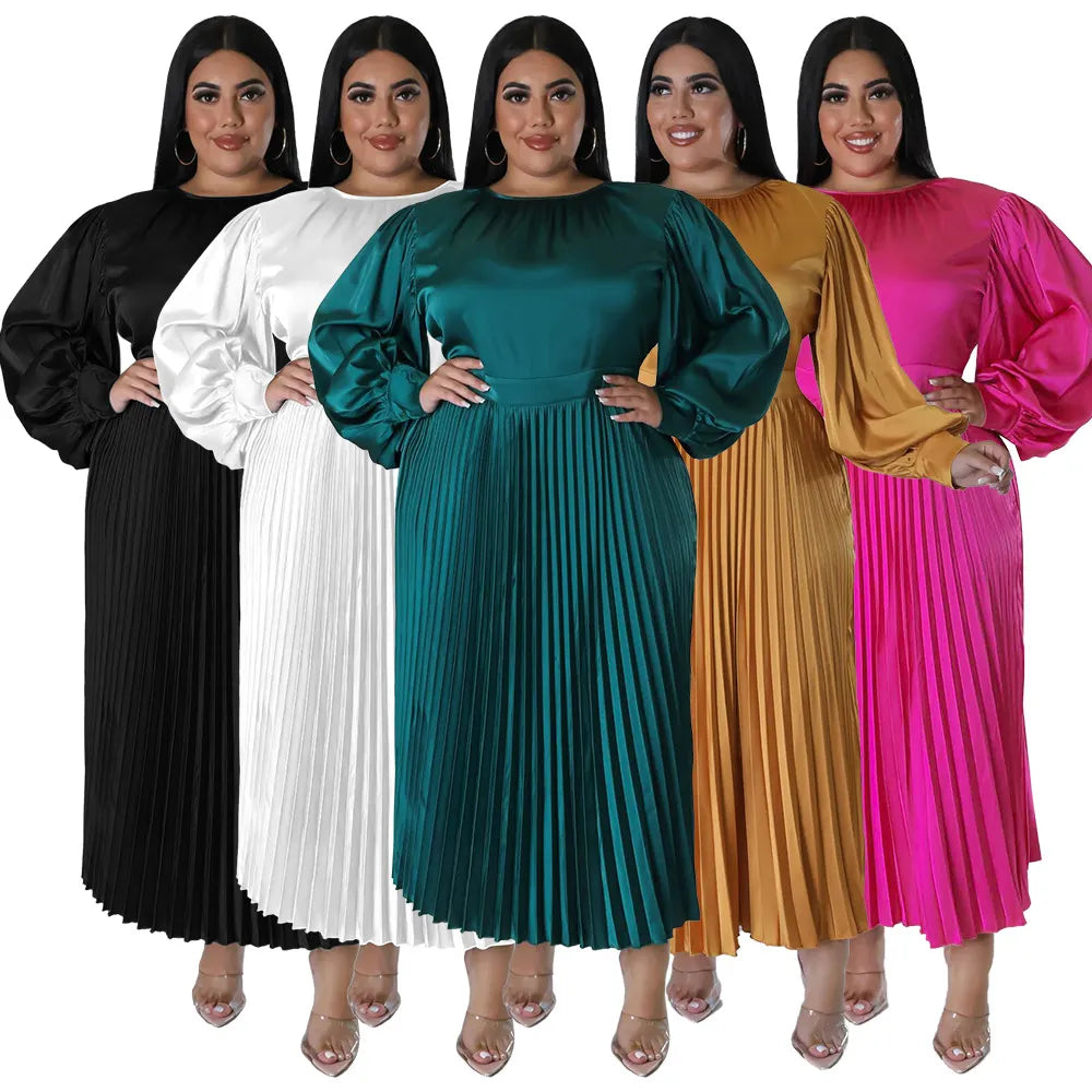 Pleated Round-neck Long Dress Women