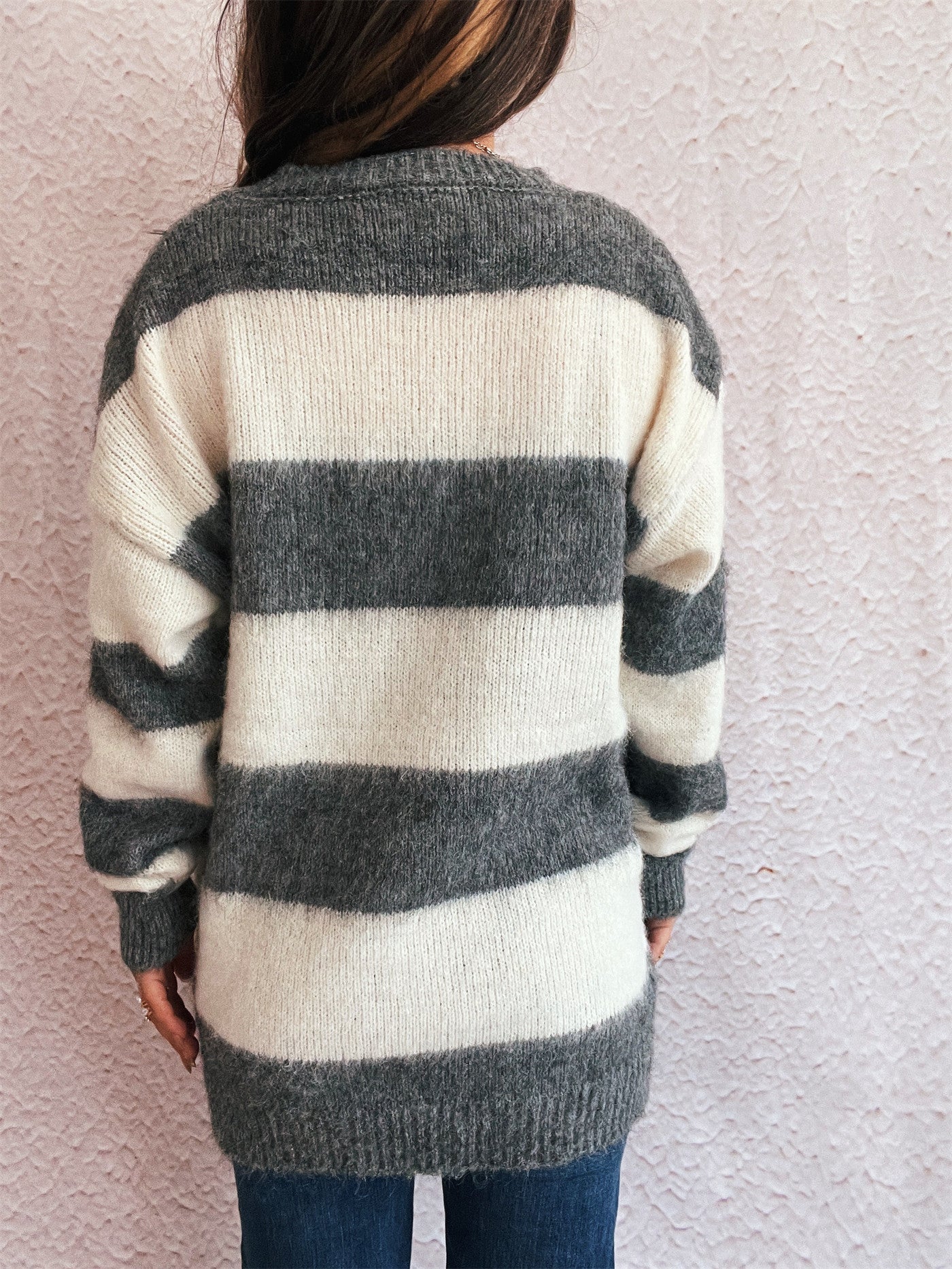 Striped Color Block Knitted Round Neck Chic Casual Loose Sweater