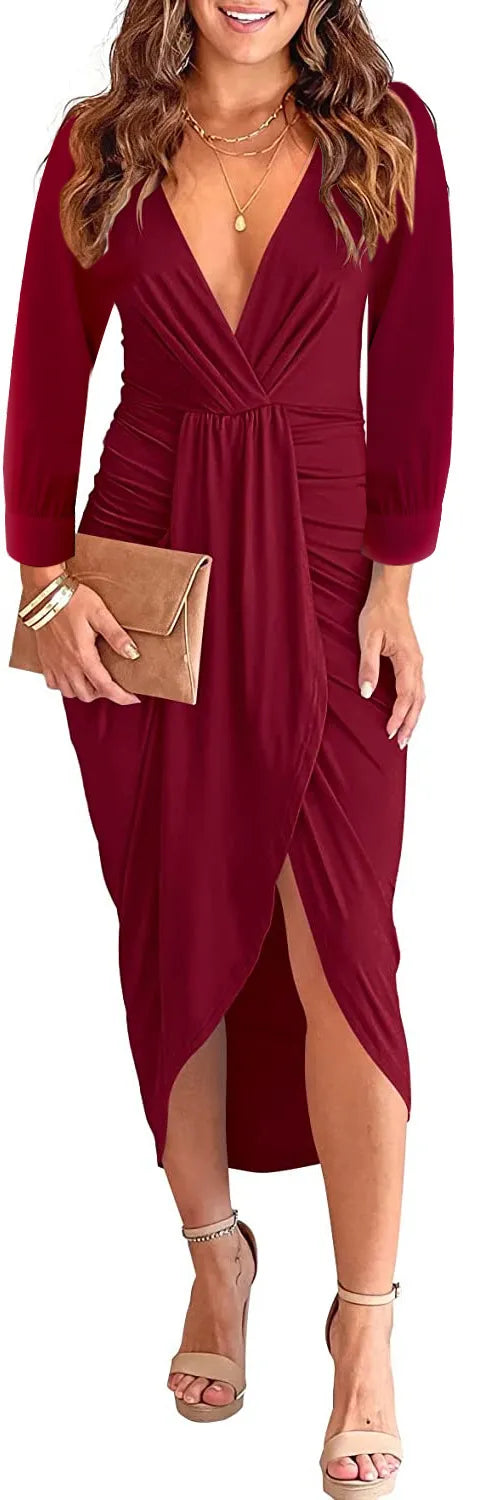 V-neck Ruffle Hip Split Women's Clothing Dress