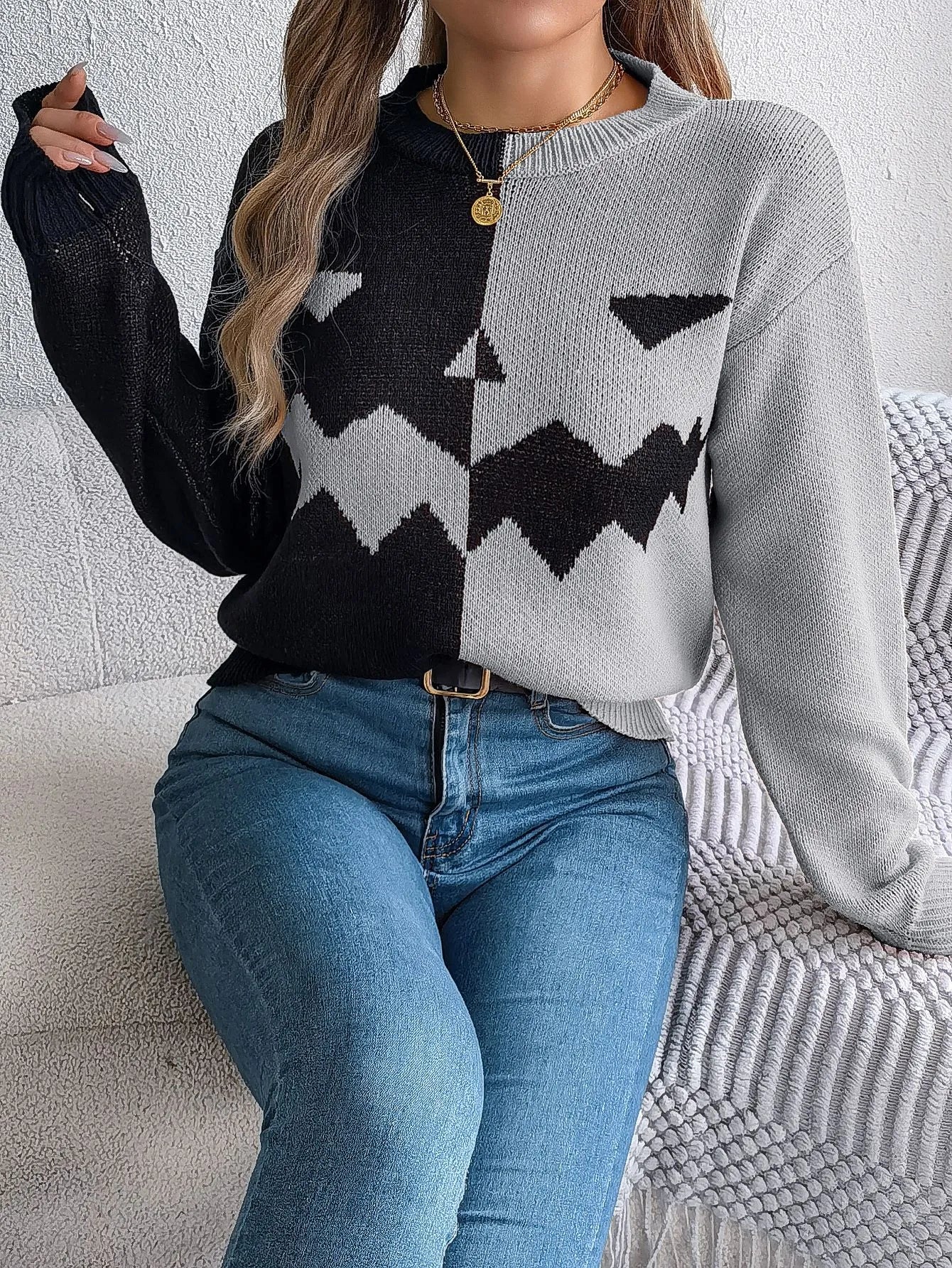 Halloween Contrast-color Pullover Sweater Fashion Long Sleeve Knitted Tops For Womens Clothing