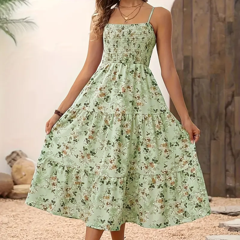 Womens Summer Floral Midi Dress Smocked Spaghetti Strap Sleeveless Tiered Casual Flowy-FREE USA SHIPPING Dresses