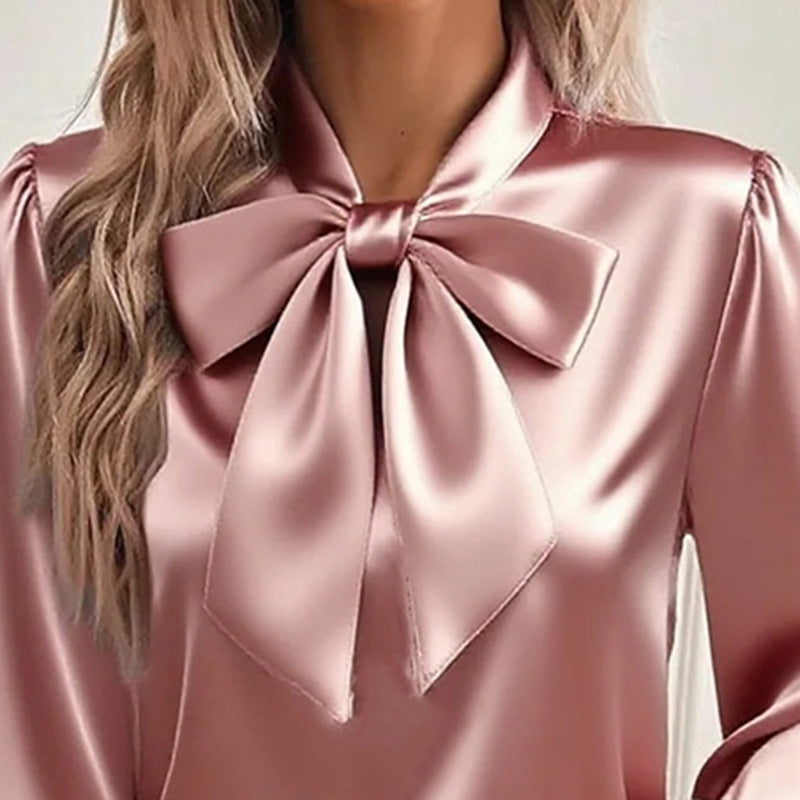 Women's Solid Color Satin Long Sleeve Casual Shirt With Bow Decor Blouse Spring Fall Daily Wear Top