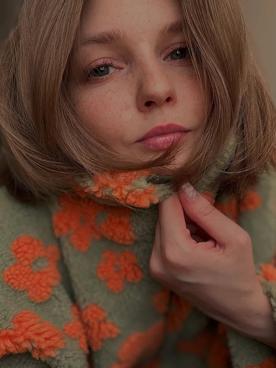 Winter Flowers Lambskin Sweatshirt With Big Pocket Casual Loose Zip-up Lapel Pullover Top Women's Clothing