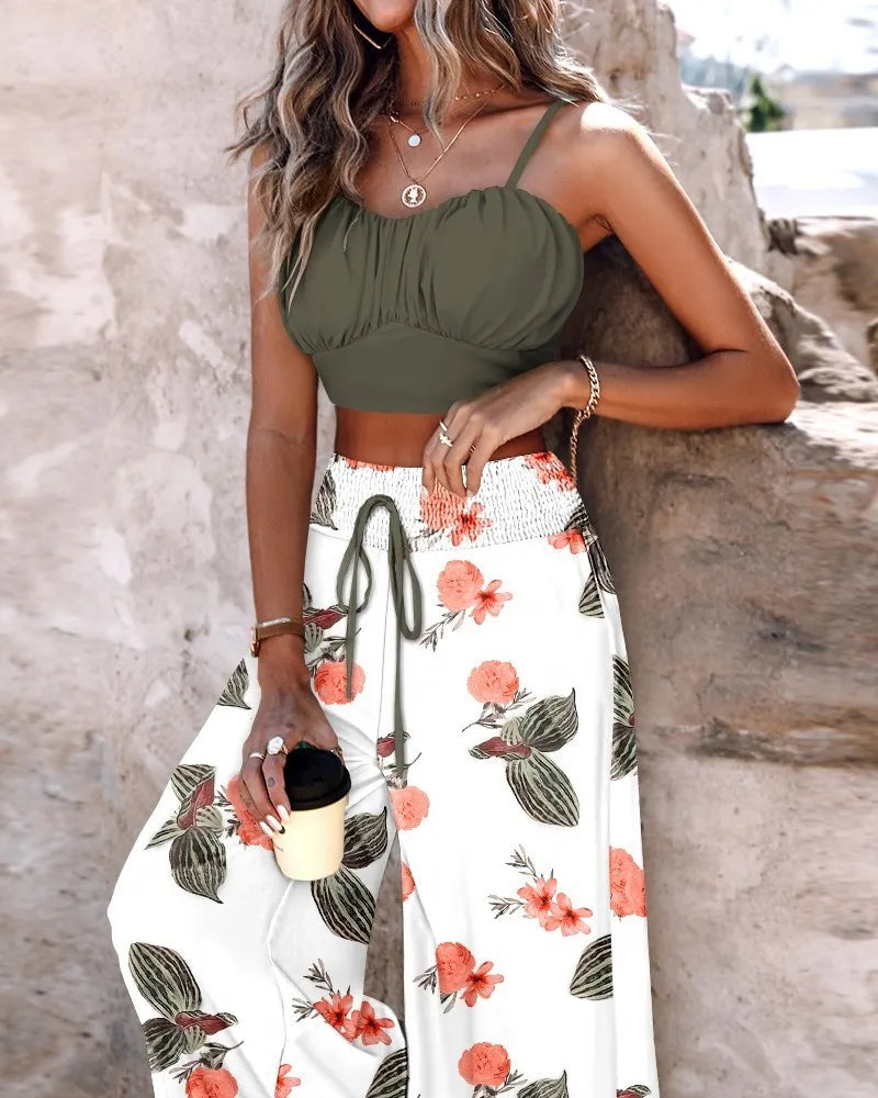 Summer New Commuter Two-piece Printed Lace-up Wide-leg Pants Suit