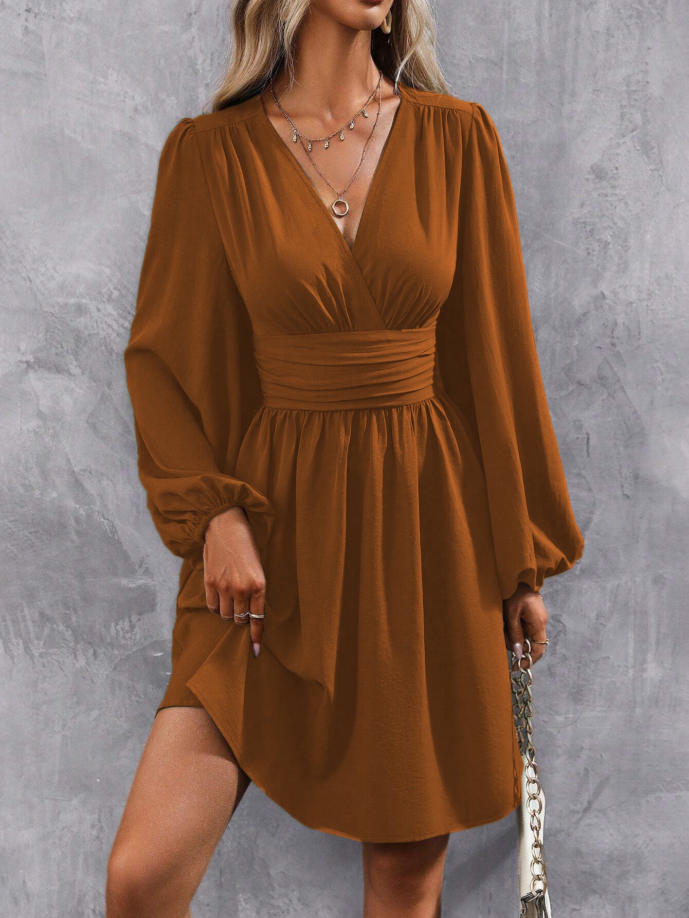 Women's Diagonal Collar Lantern Sleeve Smocking Pleated Waist Dress
