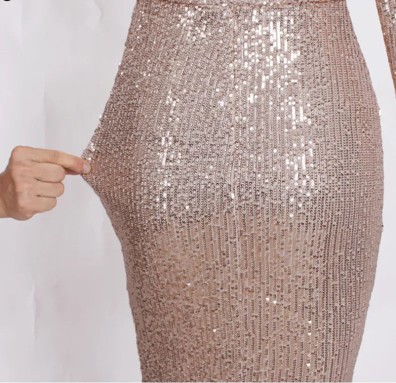 Fantasy Celebrity Sexy High Slit Long Sleeve Sequined Banquet Evening Dress Women