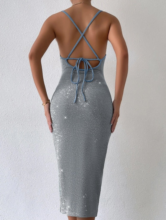 Women's Solid Color Bright Diamond Side Slit Suspender Dress-FREE USA SHIPPING
