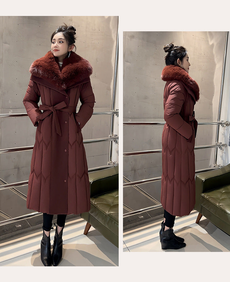 Stitching Overknee Long Slim-fit Belt Elegant Cotton-padded Jacket