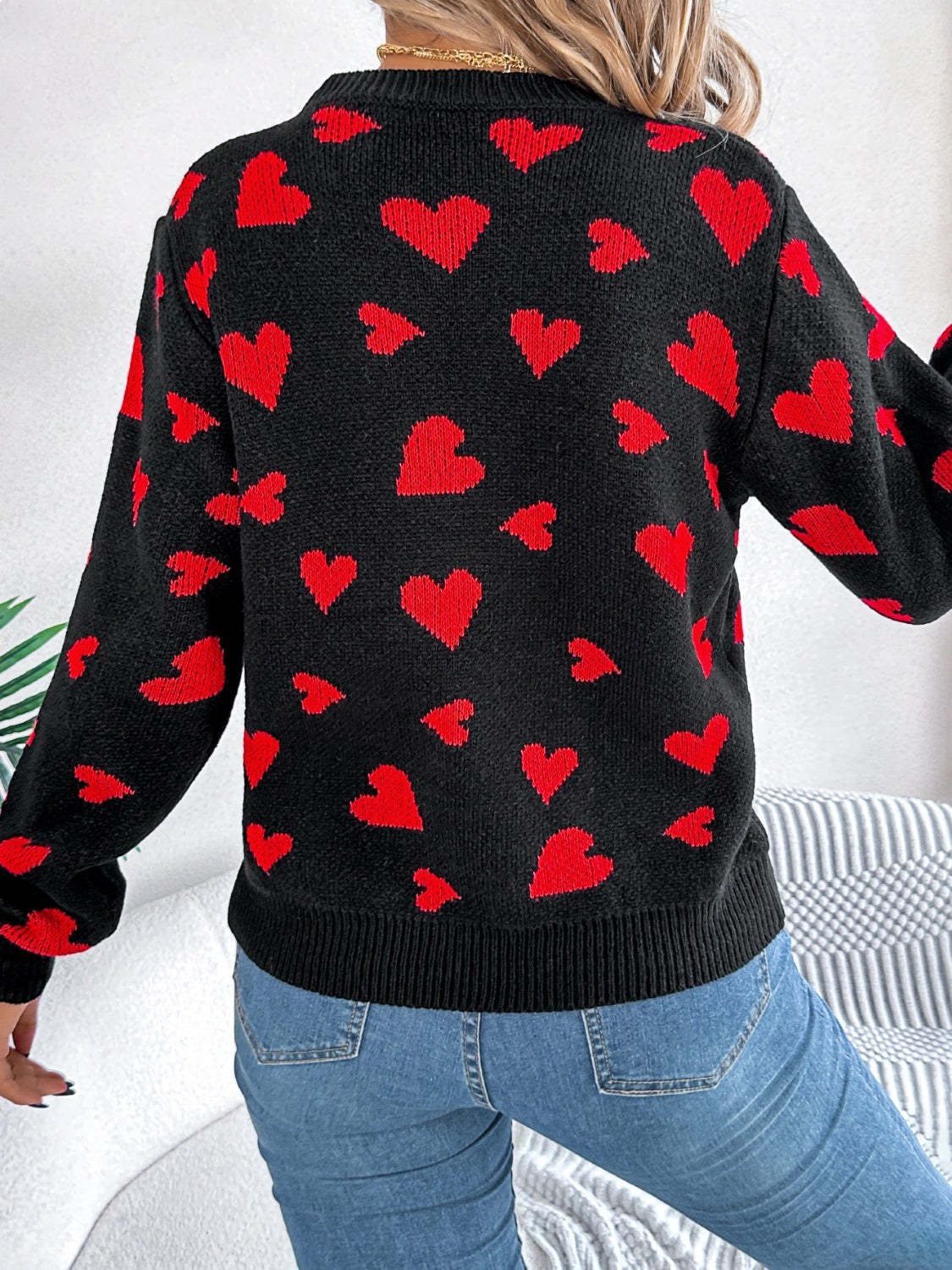 Heart Pattern Round Neck Long Sleeve Sweater