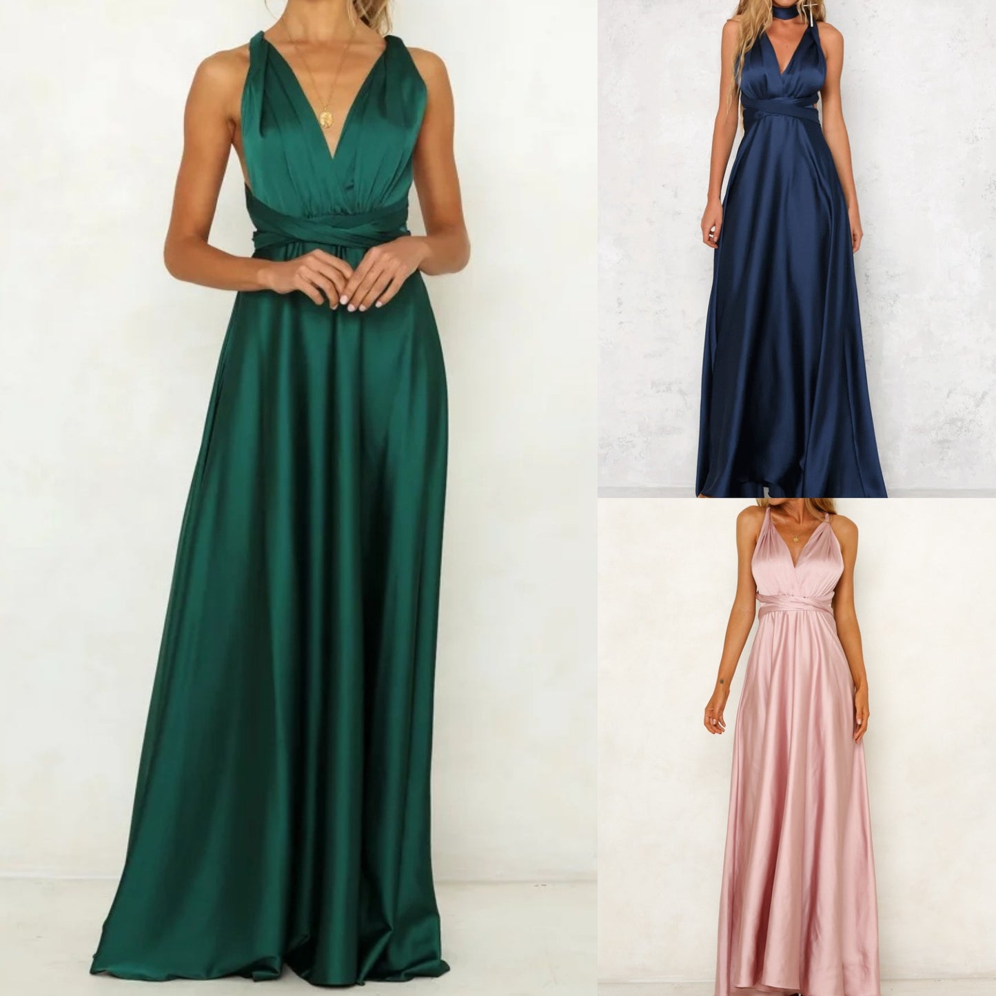 Deep V-neck Sleeveless Lace-up Sexy Backless High Waist Large Swing Satin Dress