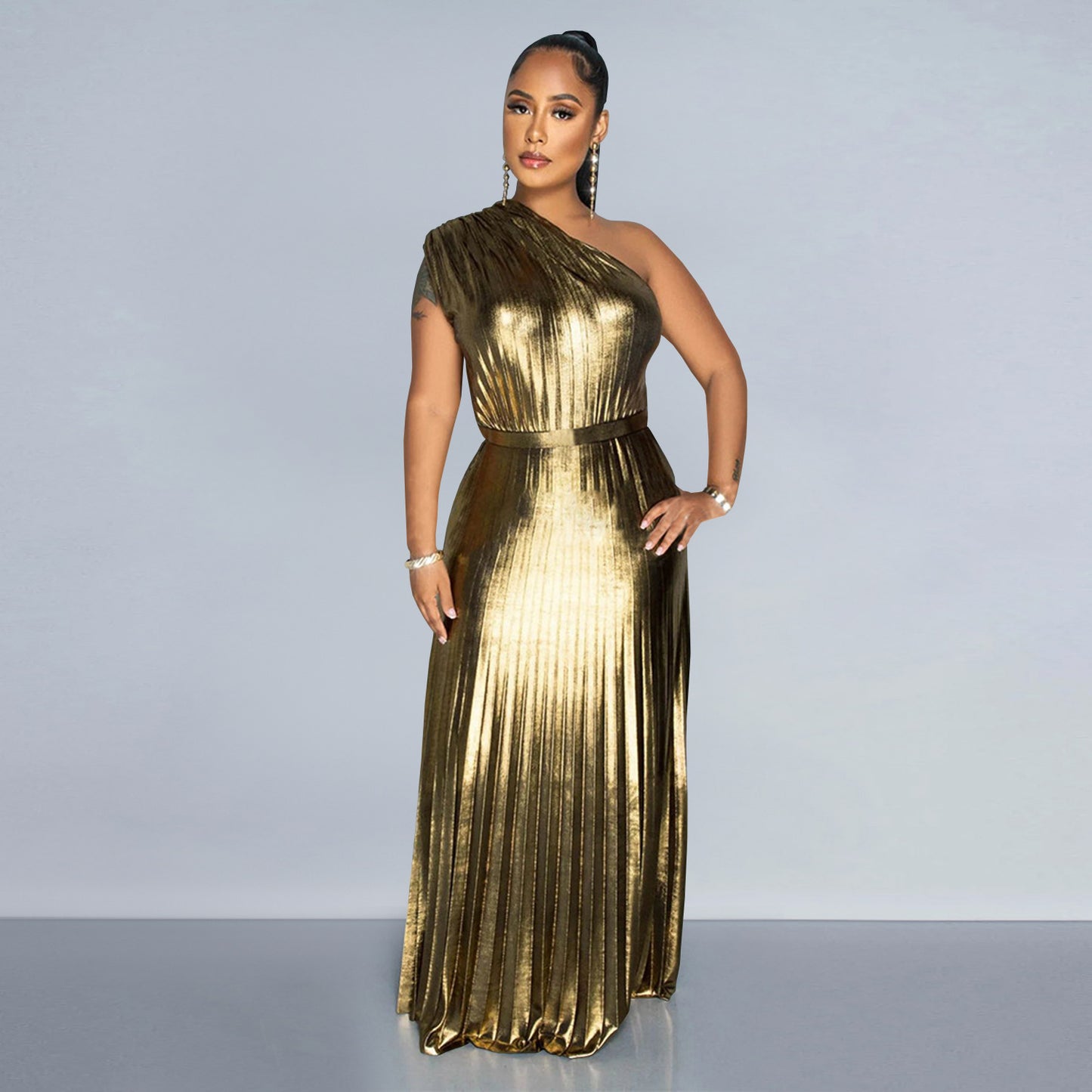 European And American Fashion Elegant Bronzing Oblique Shoulder Sleeveless Solid Color Dress