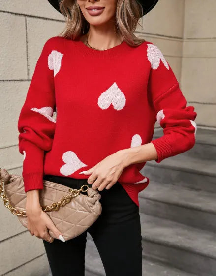 Love Little Peach Heart Plus Size Sweater Round Neck Knitted Pullover For Women