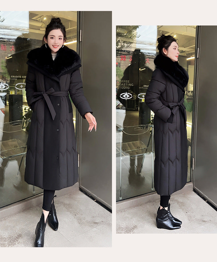Stitching Overknee Long Slim-fit Belt Elegant Cotton-padded Jacket