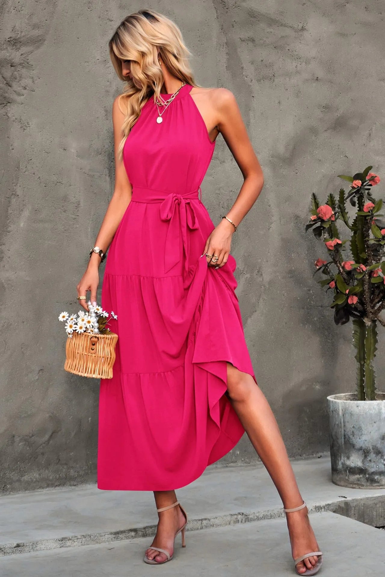Halter Lace-up Casual Loose Stitching Dress