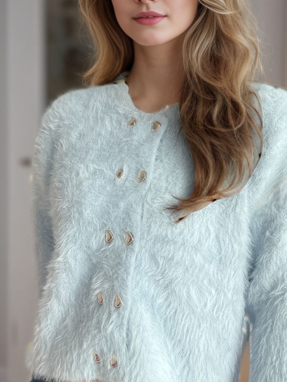 Heart Button Round Neck Cardigan