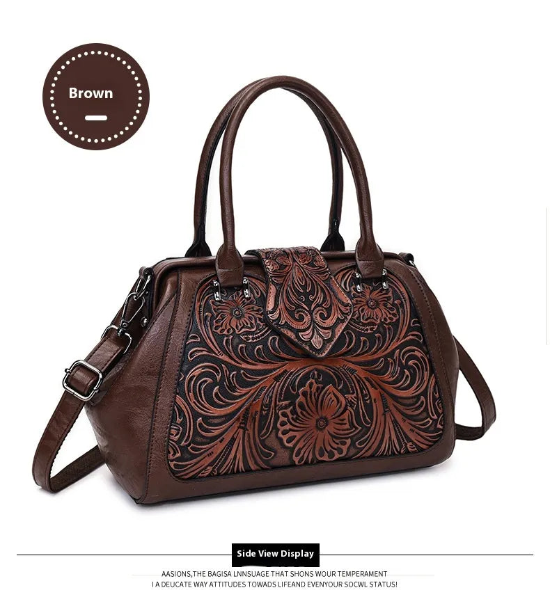 Handmade Carved One-shoulder Women's Leather Bag
