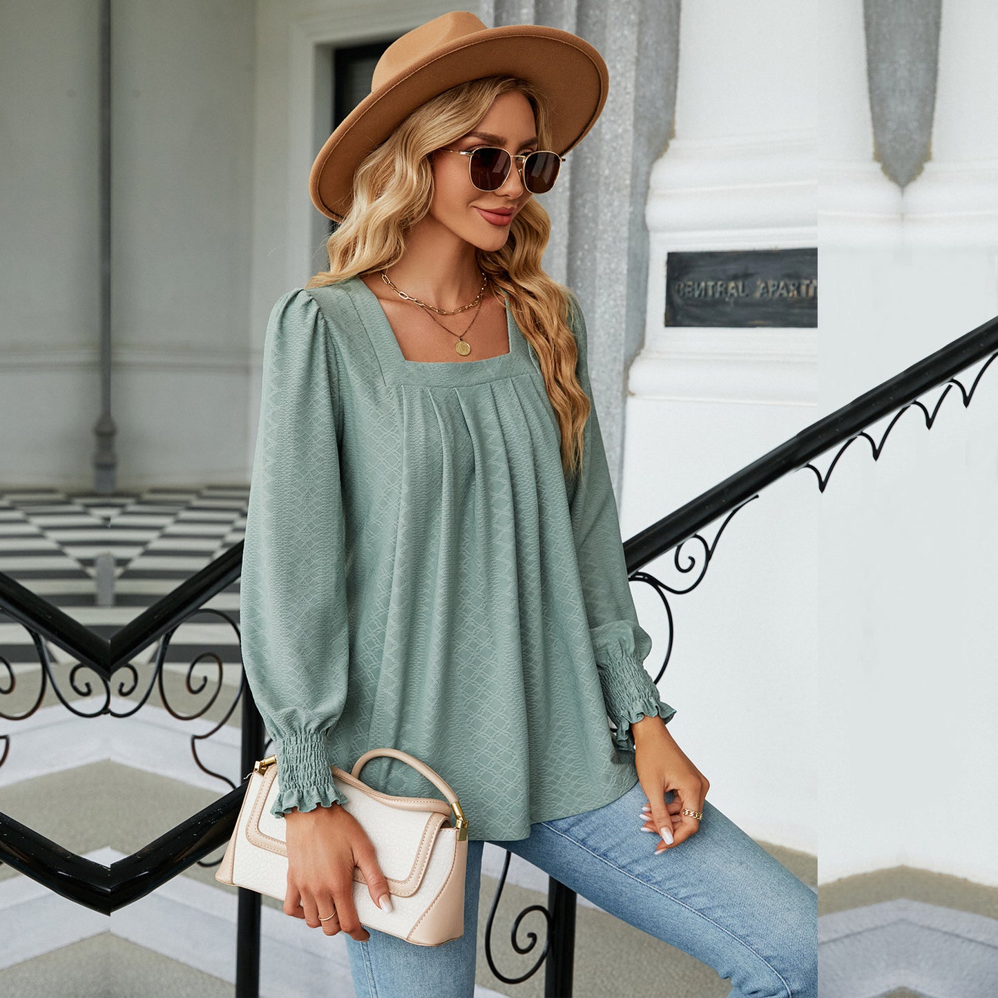 New Jacquard Pleated Square Neck T-shirt Fashion Solid Color Long Sleeve Pullover Tops Womens Clothing