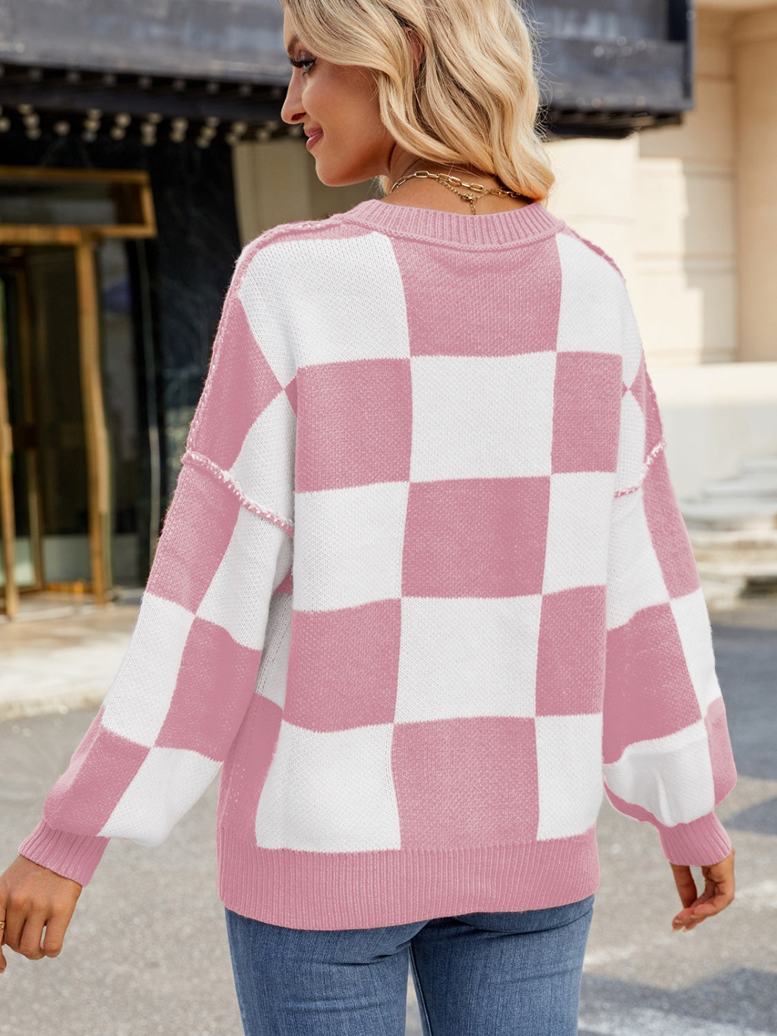 Plaid Round Neck Long Sleeve Sweater