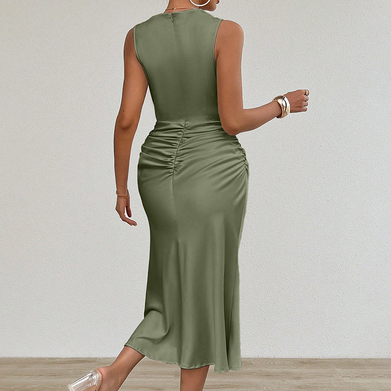 Women's Summer Sleeveless Tank Dress Crew Neck Slim Fit Ruched Bodycon Dress Casual Party Club Dress-FREE USA SHIPPING