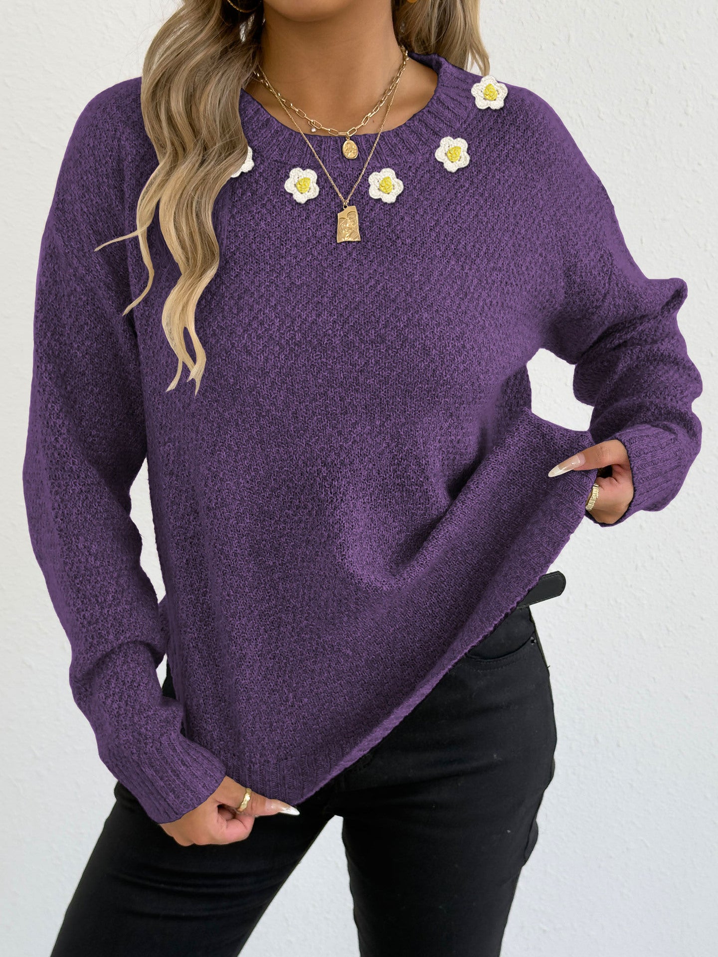 Women's Crochet Patchwork Round Neck Comfort And Casual Sweater