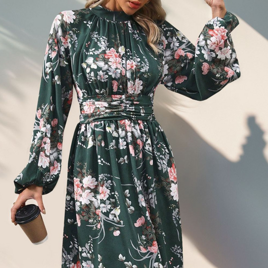 Perfee Ruched Printed Mock Neck Long Sleeve Midi Dress