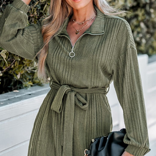 Perfee Tied Quarter Zip Long Sleeve Dress