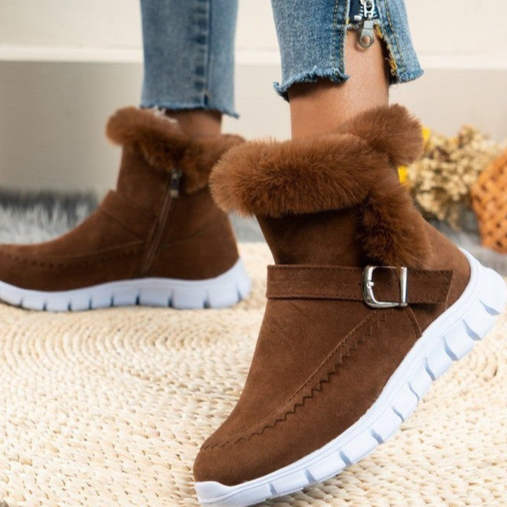 New Snow Boots Winter Warm Thickened Solid Color Plush Ankle Boots With Buckle Design Plus Velvet Flat Shoes For Women