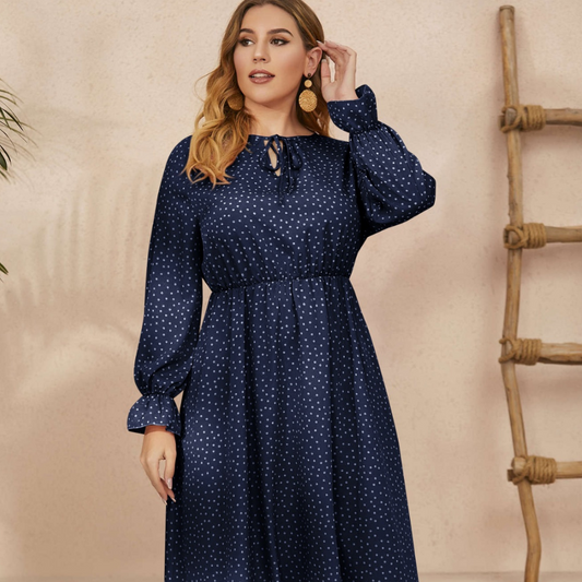 Honey Plus Size Ruffled Polka Dot Long Sleeve Midi Dress