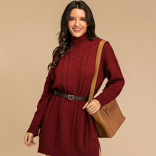 Perfee Slit Turtleneck Long Sleeve Mini Sweater Dress