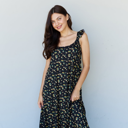 Doublju In The Garden Ruffle Floral Maxi Dress in  Black Yellow Floral