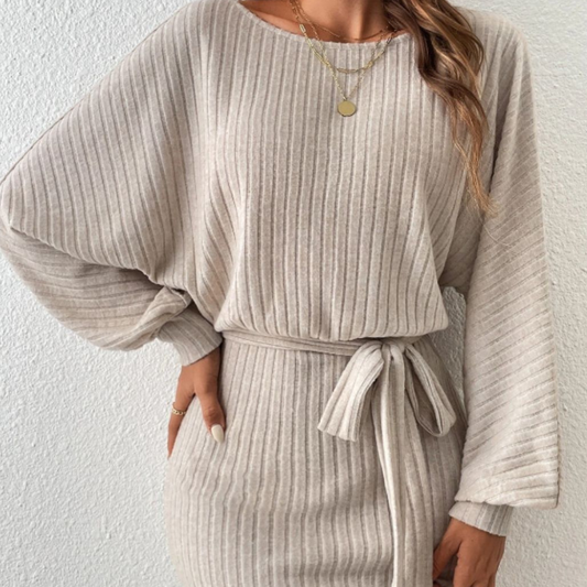 Round Neck Tie Waist Long Sleeve Mini Dress