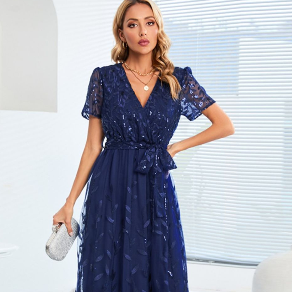 Sequin Leaf Embroidery Tie Front Short Sleeve Dress