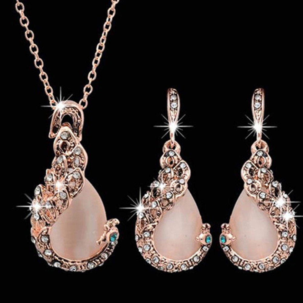 Women Elegant Waterdrop Rhinestone Pendant Necklace Hook Earrings Jewelry Set