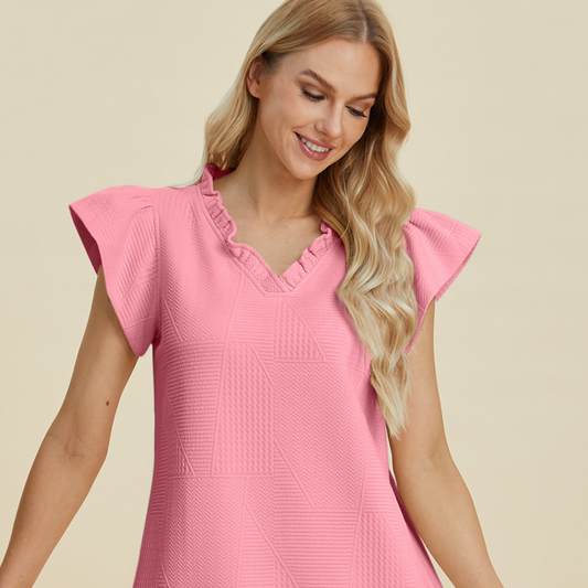 Double Take Full Size Ruffled V-Neck Cap Sleeve Dress