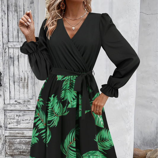 Tied Ruffled Printed Long Sleeve Dress