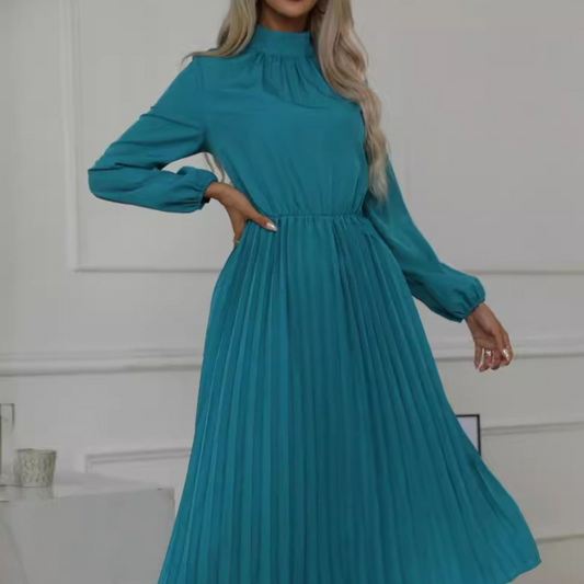 Mock Neck Long Sleeve Pleated Dress