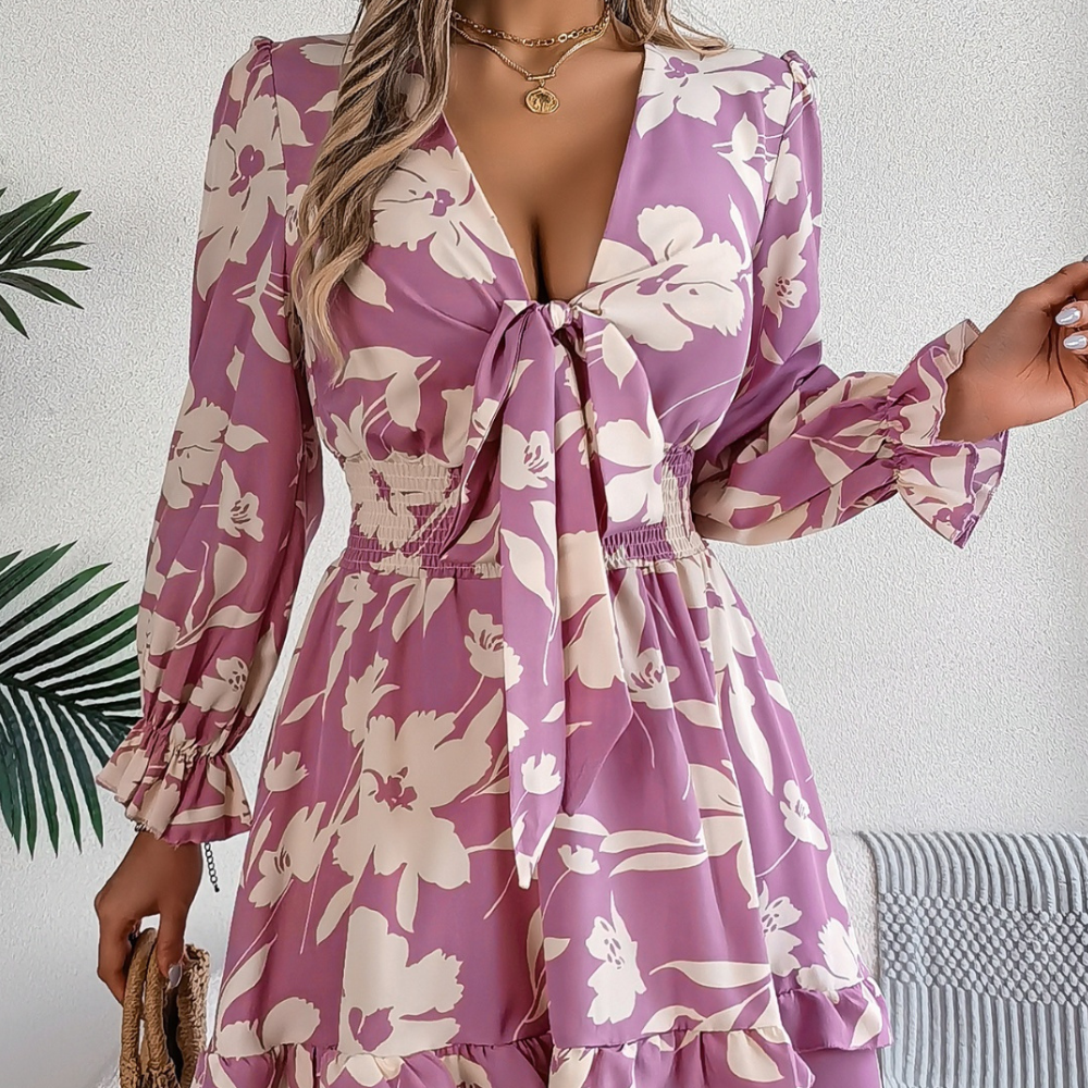 Tied Ruffled Printed Long Sleeve Dress Floral