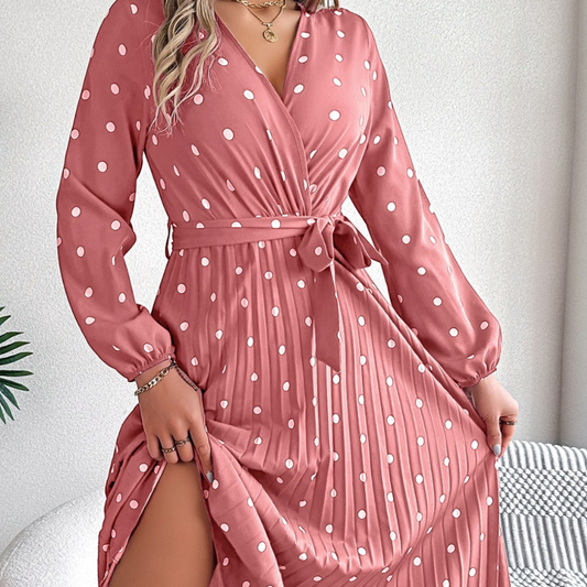 Tied Polka Dot Long Sleeve Midi Dress