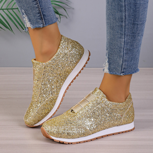 Gold Sliver Sequined Flats New Fashion Casual Round Toe Slip-on Shoes Women Outdoor Casual Walking Running Shoes