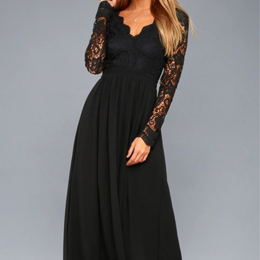 Lace Detail Backless Long Sleeve Maxi Dress